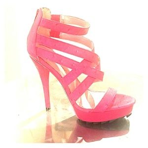 Hot Pink Strappy Sandals in Faux Ostrich Leather